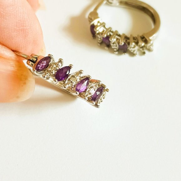 Sterling Silver Amethyst Hoop Earrings. 925 Purple Pierced Spring Jewelry - Picture 1 of 11